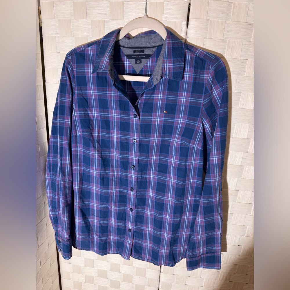 Tommy Hilfiger Men's Navy and Purple Plaid Shirt